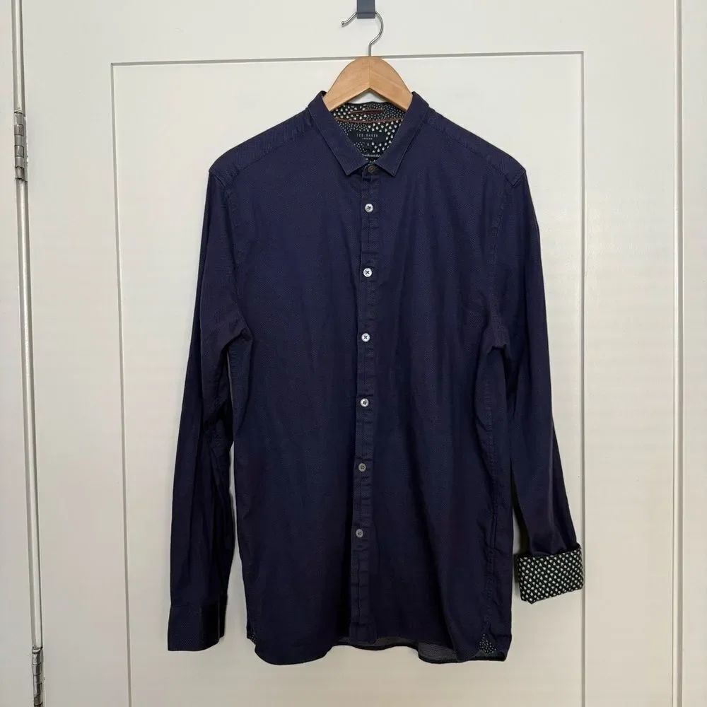 Ted Baker Shirt Men Sz L (5) Navy Blue Contrast Cuff Slim Stretch Preppy Office